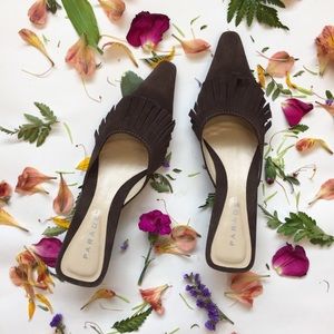 Leather Fringe Mules Kitten Heels